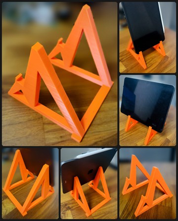 3Dプリントしたスタンド単体と、iPadを縦置き・横置きした様子