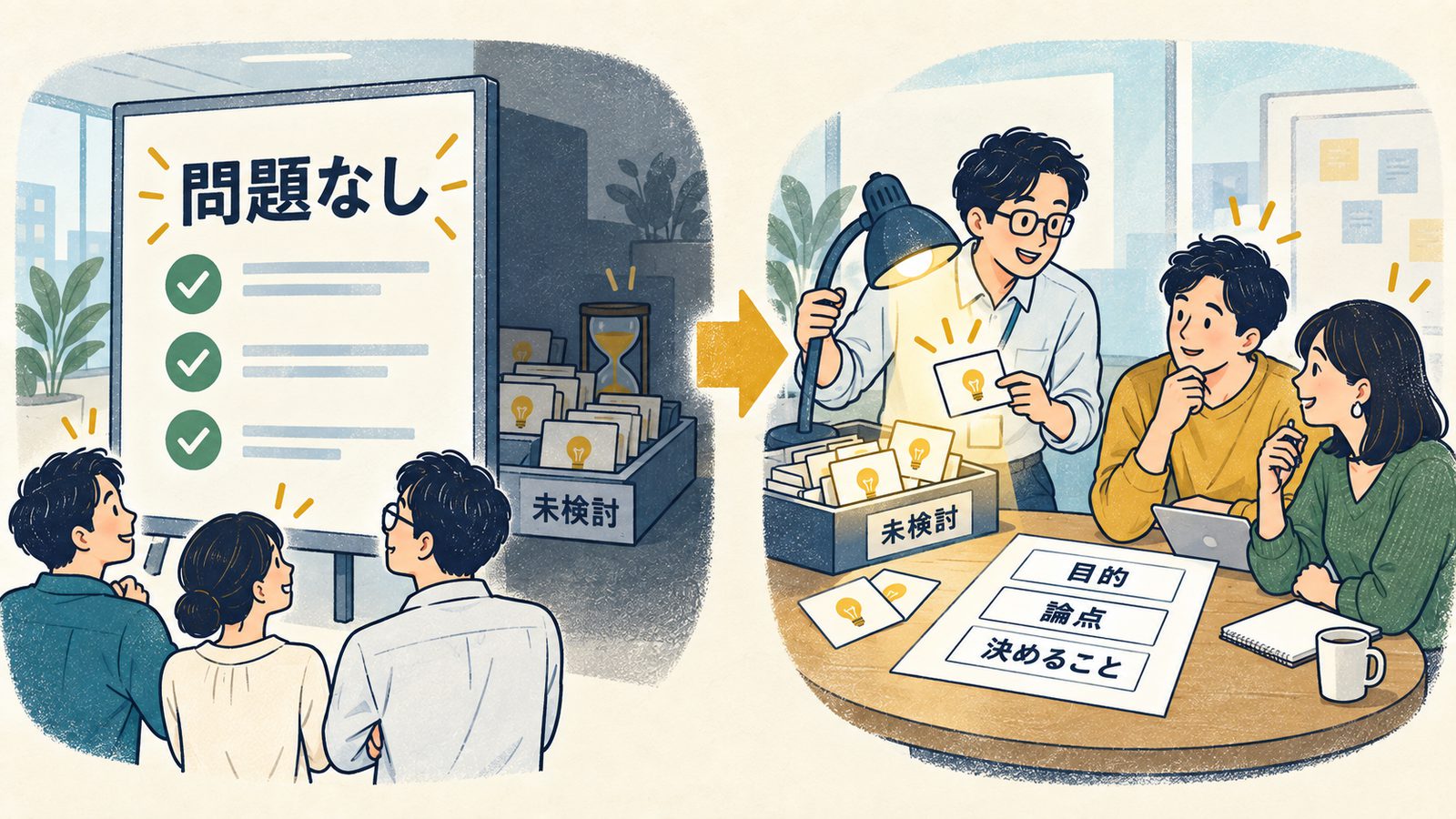 「問題なし」の報告の陰に積もる未検討のアイデアに、IT担当者が光を当て、目的・論点・決めることを整理して議論を始める