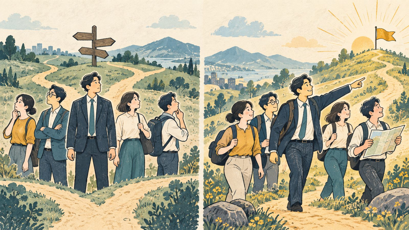 行き先が分からず立ち止まるチームと、リーダーが指し示す目的地を共有して歩き始めるチーム