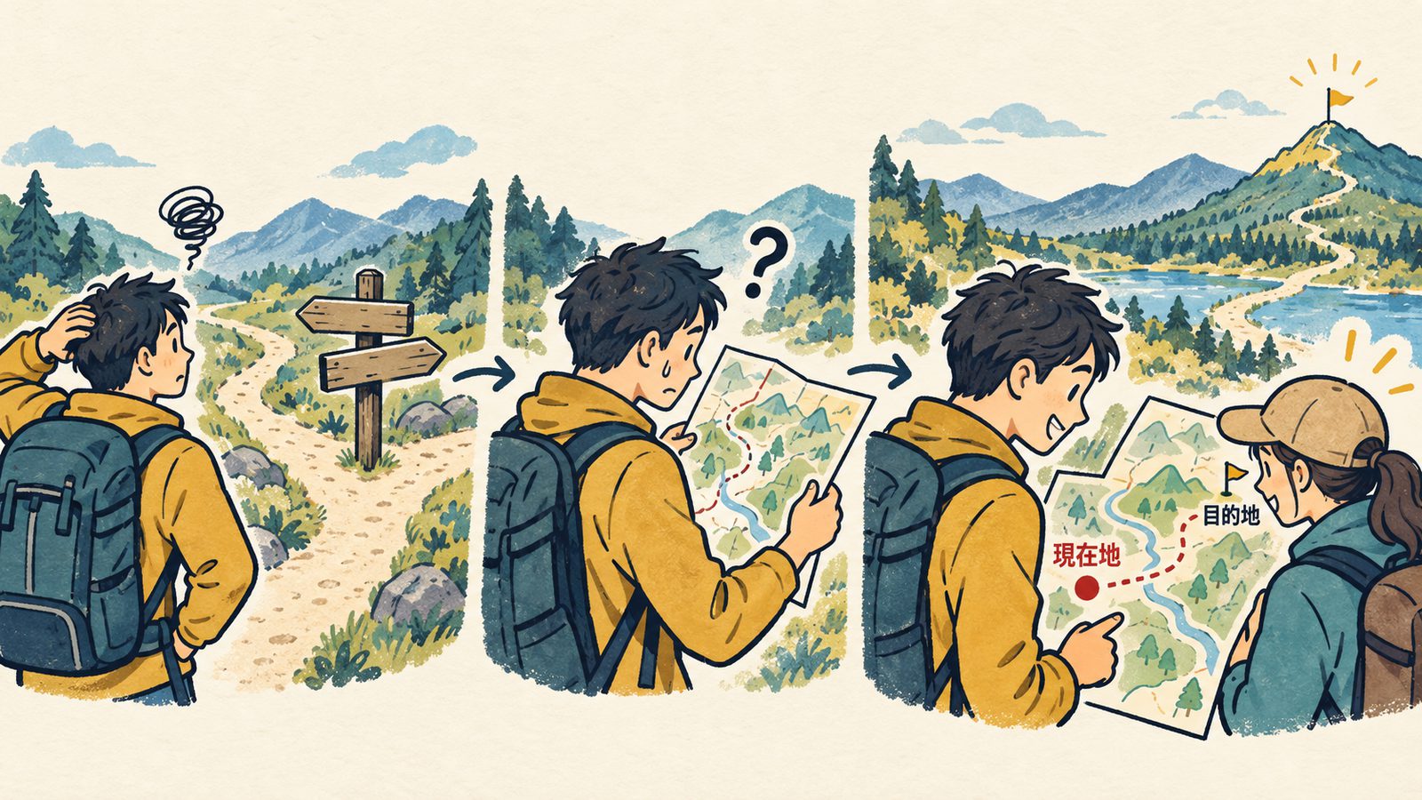 地図がない旅人、現在地が分からない旅人、現在地と目的地を確かめて道を選ぶ旅人
