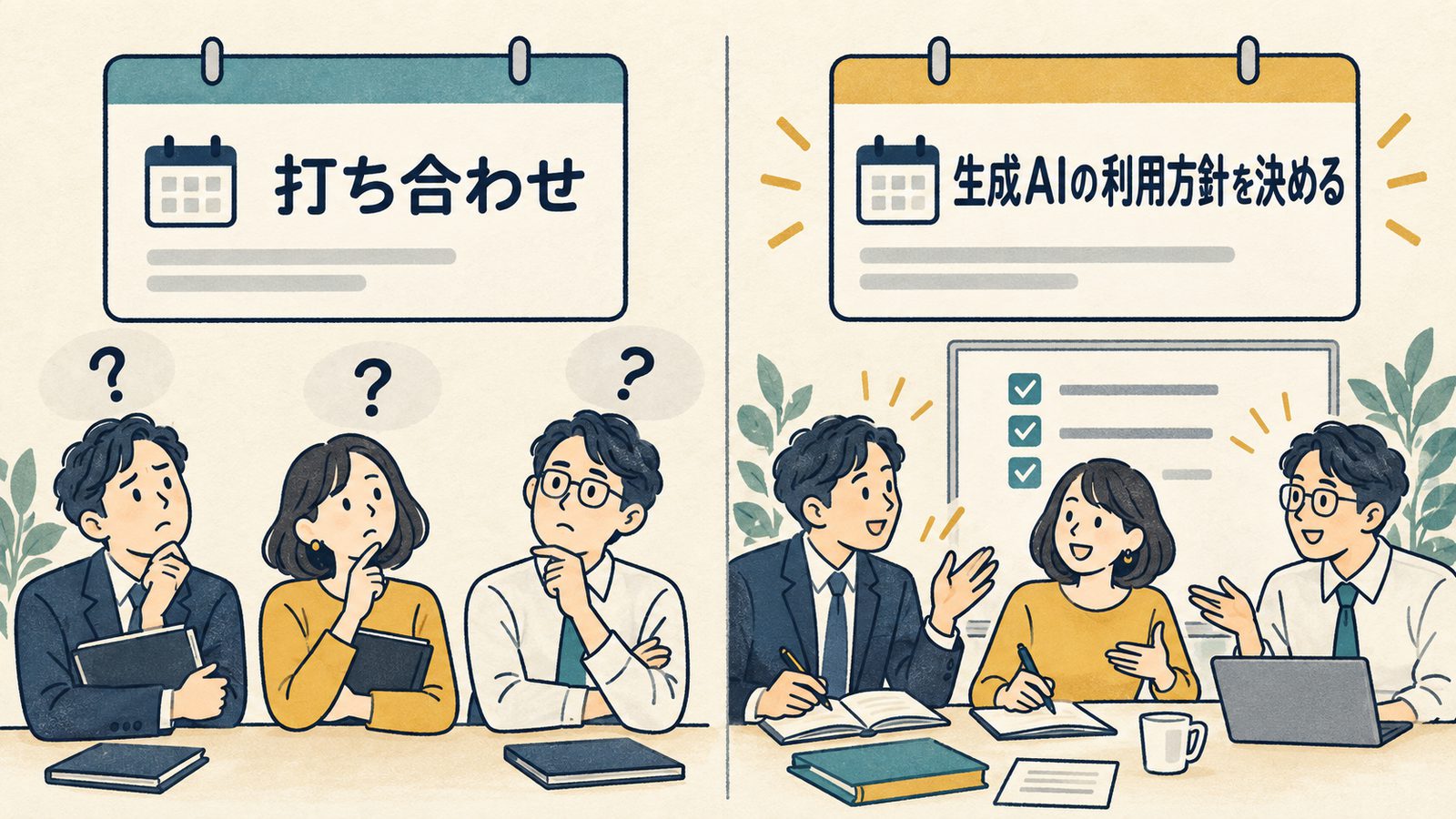 「打ち合わせ」では戸惑う参加者と、「生成AIの利用方針を決める」なら準備して集まれる参加者